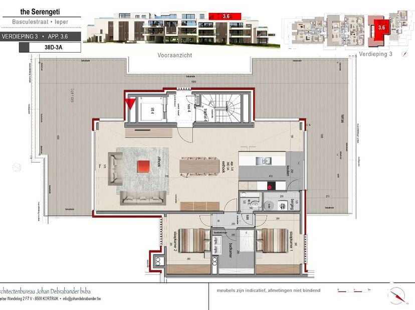 Dit appartement op de derde verdieping biedt 116,25m² bewoonbare oppervlakte en een terras van 97,97m². Daarnaast kan er nog een garage of standplaats