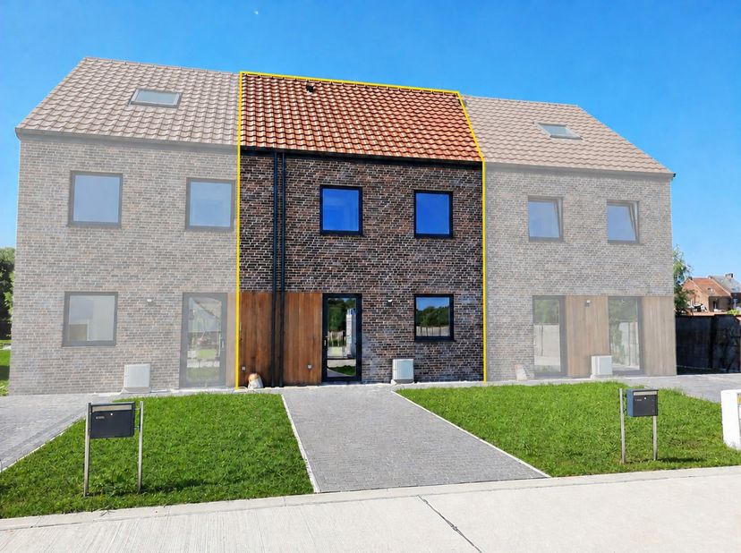 Nouvelle construction 2 façades avec terrasse et jardin clôturé par une haie, située dans un quartier résidentiel calme, tout en restant à proximité d