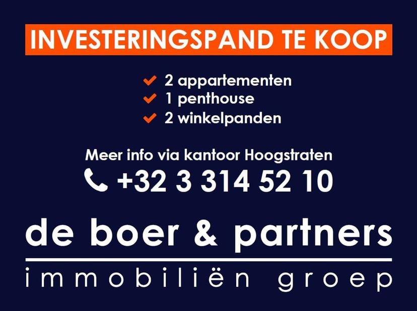 Investeringspand (3 app, 2 winkels) in hartje Baarle met zéér goed rendement. De mogelijkheid bestaat om de bestaande vennootschap over te nemen. <br