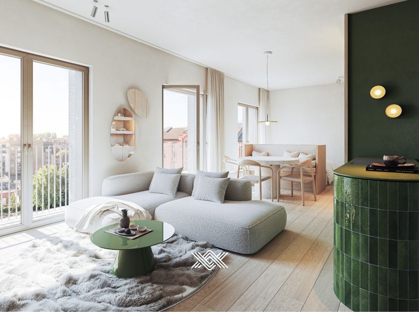 Deze goed ingedeelde studio van 59 m² ligt op het eerste verdiep in residentie Lys en beschikt over een inkomhal met plaats voor een vestiairekast, ee