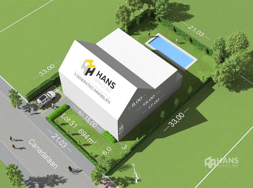 Grond van 694m² voor het bouwen van een 1 gezinswoning.  Perceel 21m op 33m. Gevel van 15m en diepte 17m. Bouwvoorschriften zijn aangevraagd bij de ge