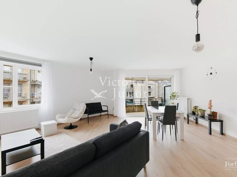 Ruim en licht 2-kamer appartement in uitstekende staat<br />
Inkomhal, toilet en lavabo<br />
Ontvangstruimtes +/- 27m2, toegang tot terras Zuid 10m²<