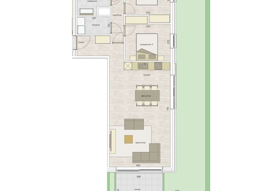 Ruime gelijkvloerse nieuwbouw appartement.<br />
Indeling: woonkamer met open keuken, 2 slaapkamers, badkamer, berging, terras en tuin.<br />
In de ke