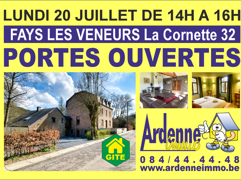 Rez: hall d'entrée, cuisine (cuisinière induction, évier, lave-vaisselle, four, hotte, frigo), bureau d'accueil, salon avec feu ouvert et accès à la t