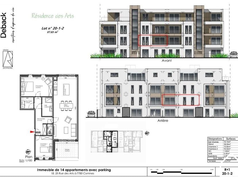 Appartement op de 1ste verdieping (90m²) bestaande uit een inkomhal met vestiaire en toilet, douchekamer met wastafel, wasruimte, 2 slaapkamers, ruime