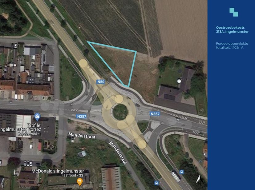 Deze gunstig gelegen bouwgrond van 1102 m² biedt de ideale combinatie van wonen en werken. Gelegen langs de Ringlaan (N50) geniet het perceel van een