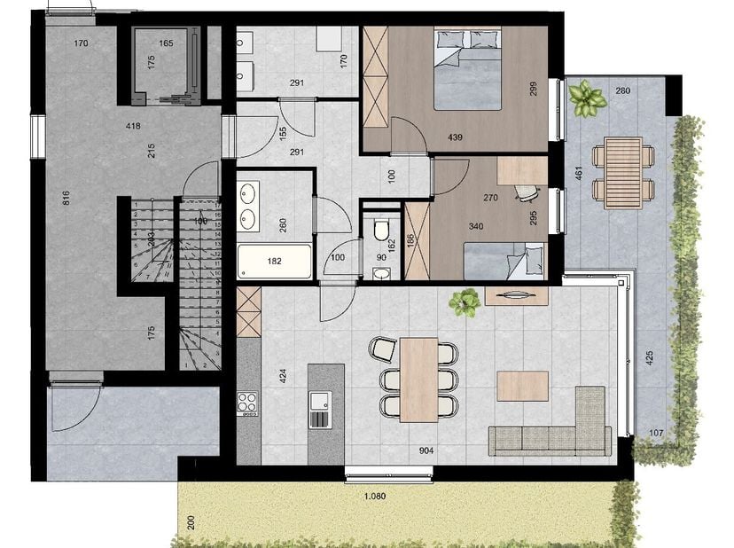 APPARTEMENT 0.3 (Gelijkvloers)<br />
- Opp. app.: 96 m²<br />
- Terras 18 m²<br />
- Tuin: 24 m² <br />
<br />
INDELING:<br />
Gemeenschappelijke trap