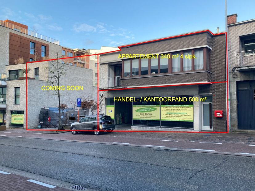 Te renoveren handels-/kantoorpand van 500 m² (uitbreidbaar tot 700m²) eventueel te combineren met bovenliggend appartement (4 slaapkamers).