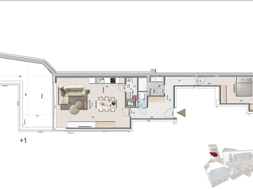 Appartement 0102 is gelegen op de eerste verdieping van Residentie Melrose Place en heeft een totale oppervlakte van 92m². Met daarbij een noord-oost