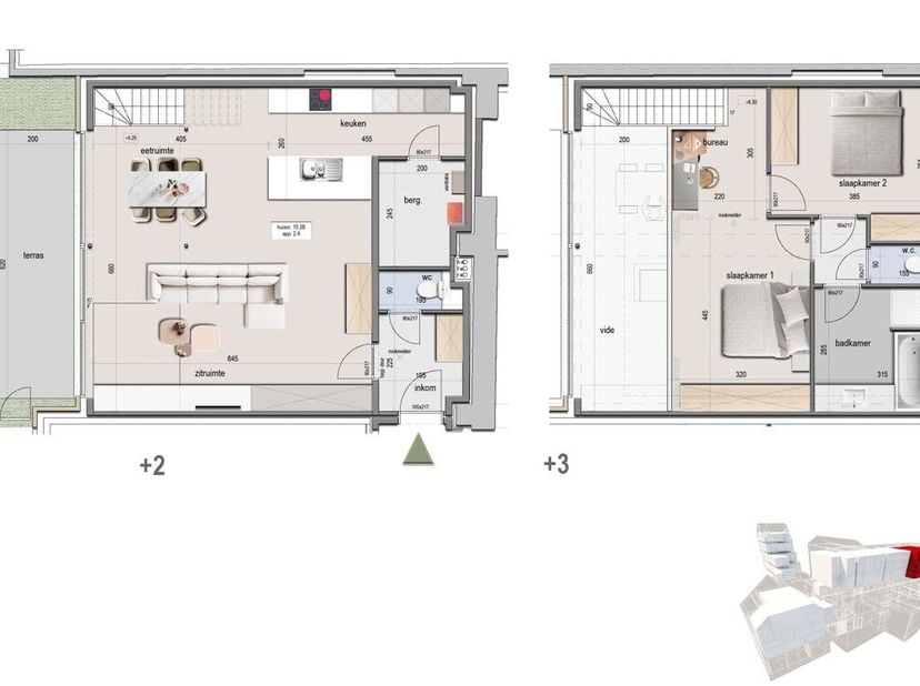 Duplex loft 0204 is gelegen op de tweede en derde verdieping van Residentie Melrose Place en heeft een totaal oppervlakte van 132,11 m² met daarbij ee