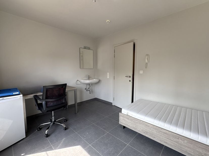 Deze gemeubelde kamer (gelijkvloers) met lavabo is beschikbaar vanaf volgend academiejaar. De kamer is voorzien van een bed met matras en lattenbodem,