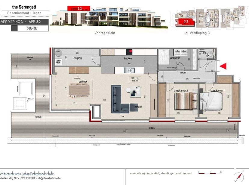 Dit appartement op de derde verdieping biedt 103,61m² bewoonbare oppervlakte en een terras van 55,73m². Daarnaast kan er nog een garage of standplaats