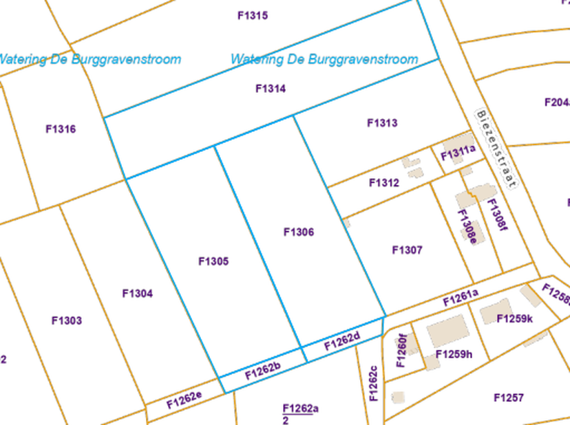 5 GROTE BLOKKEN LANDBOUWGROND - <br />
<br />
KOOP 1.<br />
Een blok landbouwgrond, gelegen aan de Biezenstraat, sectie F nrs. 201A en 202, samen groo
