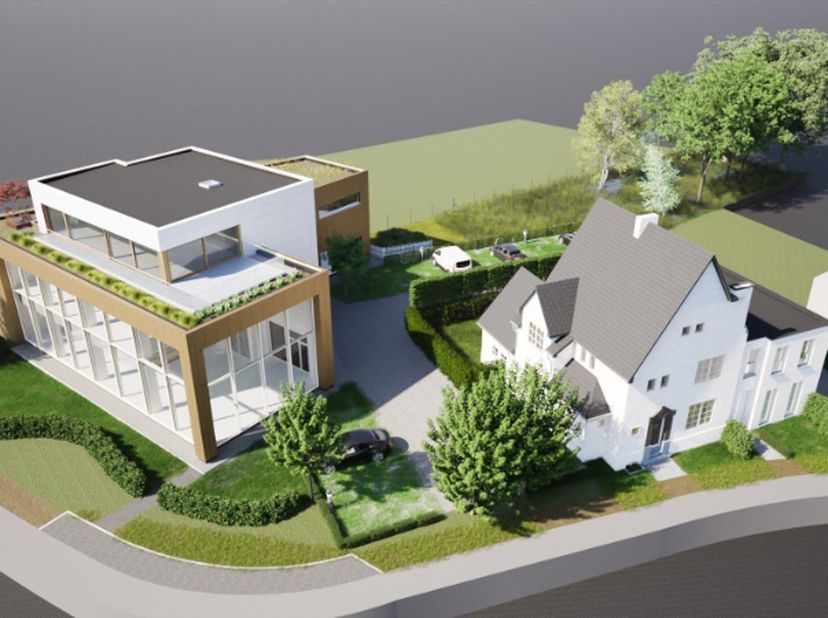 1/ Projectgrond van 20a21 voor een handelspand op 2 verdiepingen met werkplaats op het gelijkvloers van samen 800m² + een dakappartement / kantoren va