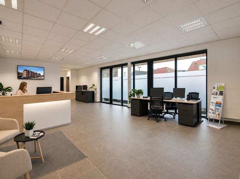 Gelegen op een absolute topligging, pal op het marktplein van Ruddervoorde, vindt u dit recent gebouwd en instapklaar bureau dat uitstraling, comfort