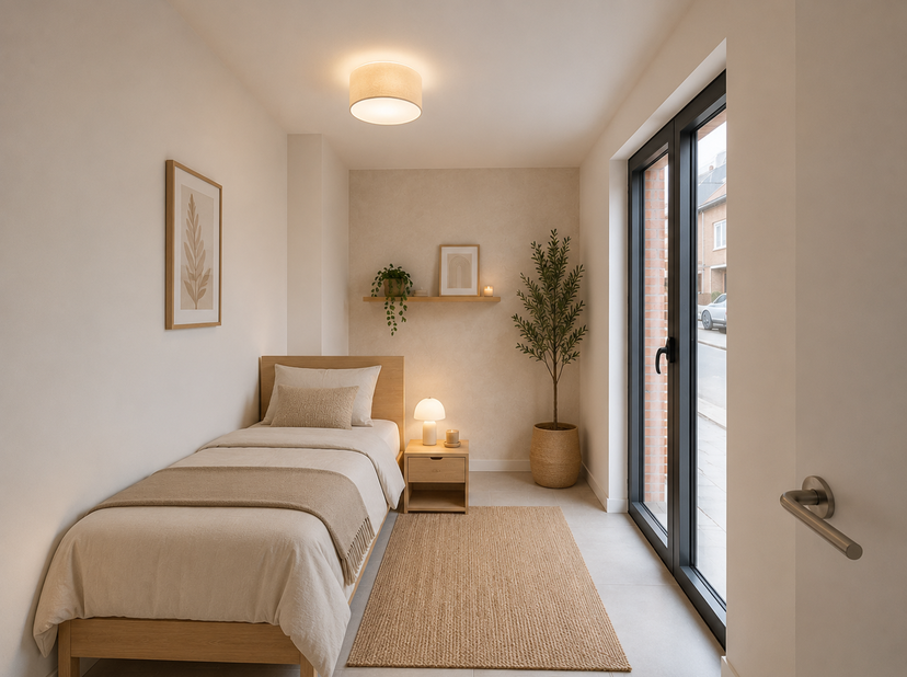 Dit nieuwbouwappartement situeert zich op het gelijkvloers van nieuwbouwresidentie De Zeven Rozen in blok C. Het omvat een inkomhal, een lichtrijke li
