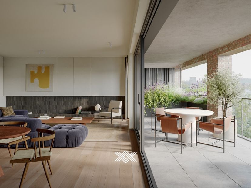 Dit appartement van 120 m² beschikt over een lichtrijke eet- en leefruimte met extra hoge plafonds van 281cm en een rechtstreekse toegang tot het zuid