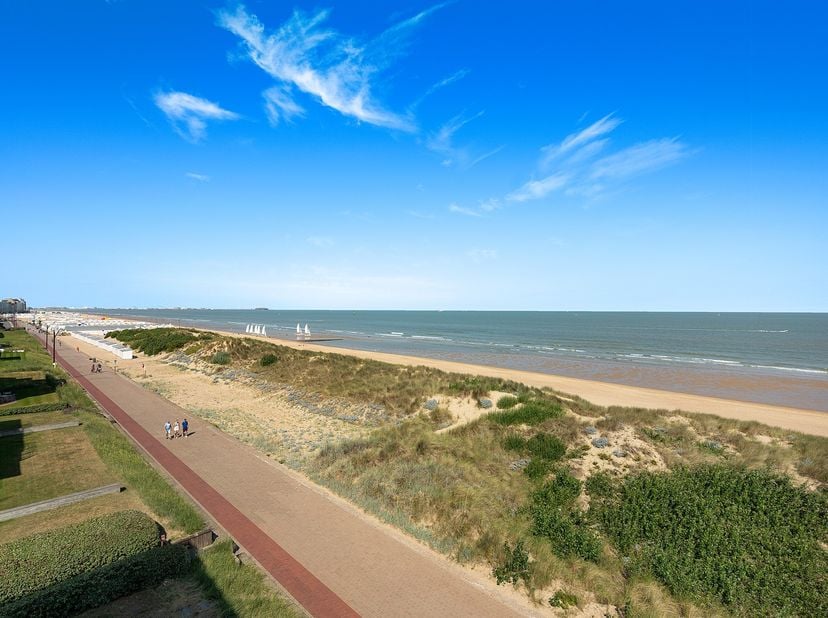 Magnifiek appartement op de wandeldijk in het Zoute, met adembenemend frontaal zeezicht en de duinen. Indeling: inkomhal met vestiaire en gastentoilet