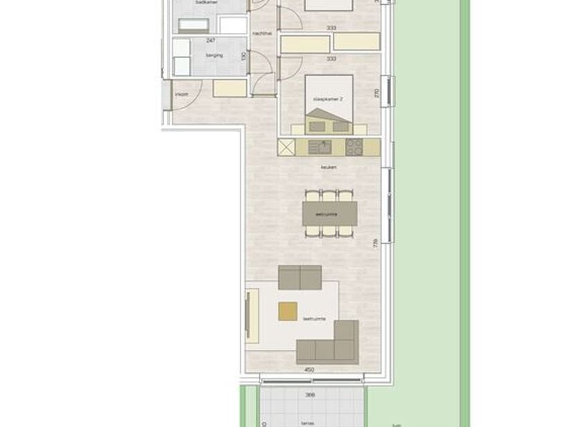 Spacieux appartement de plain-pied nouvellement construit.<br />
Aménagement : séjour avec cuisine ouverte, 2 chambres, salle de bains, débarras, terr