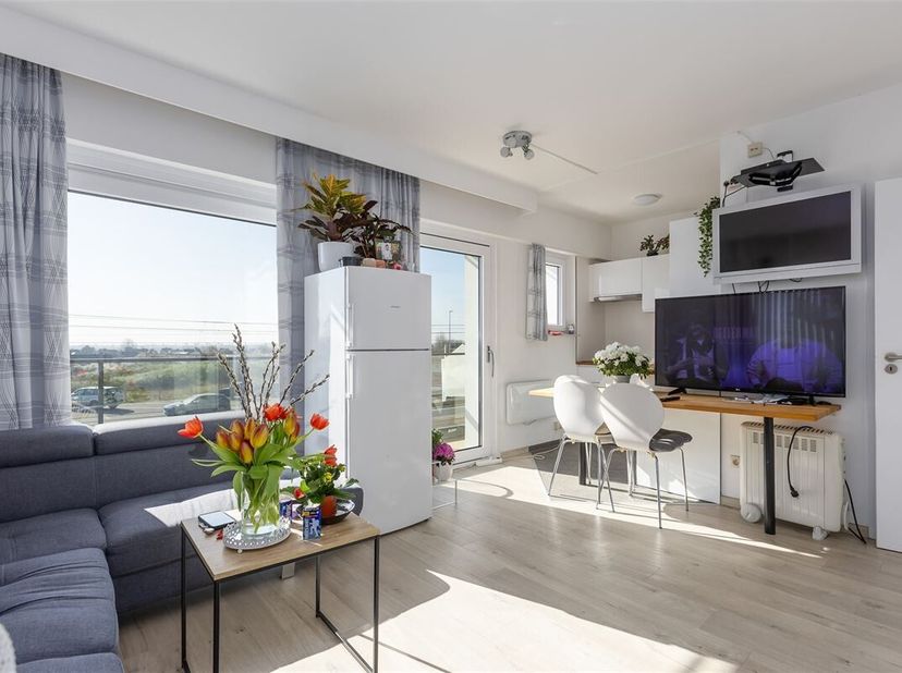 Appartement rénové et meublé avec vue sur mer latérale et vue sur les dunes.   Composition : hall d'entrée, living avec cuisine ouverte, salle de bain