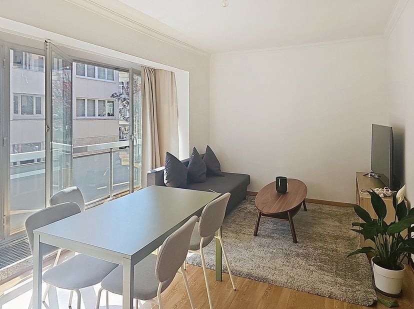 Licht 1-slaapkamerappartement in Etterbeek. Eigen badkamer (bad en toilet). Aparte keuken. Ruimte voor een wasmachine. Klein terras grenzend aan de ke
