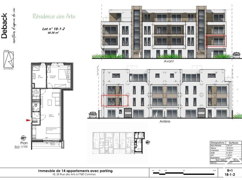 Dit nieuwbouwappartement op de 1e verdieping (62m²) bestaande uit een inkomhal met vestiaire en toilet, woonkamer met balkon en ingerichte keuken, 1 s