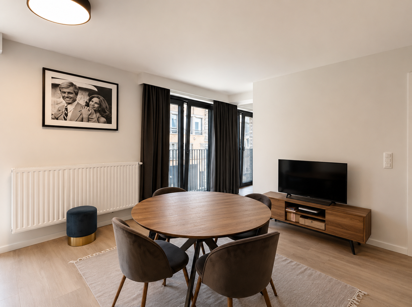 ETTERBEEK, vlakbij het metrostation Mérode en het Jubelpark, ligt dit charmante gemeubileerde APPARTEMENT (1 slaapkamer/1 badkamer) van ±59 m² op de 1