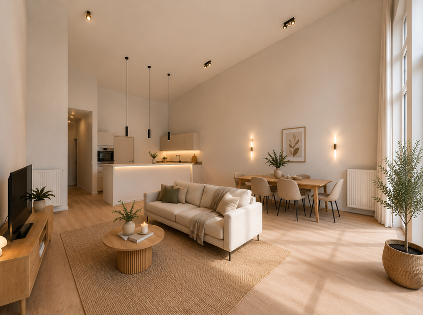 Deze knappe penthouse (130m²) met royale plafondhoogte (3,5m) maakt deel uit van een volledig omheinde residentie, welke toegankelijk is via twee auto