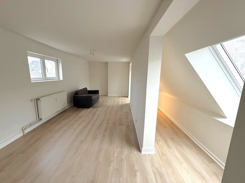 Meiser / Léopold III, appartement/duplex op de 4e verdieping zonder lift. Entreehal, 1 slaapkamer, woonkamer, ingerichte keuken + wasruimte, 1 badkame