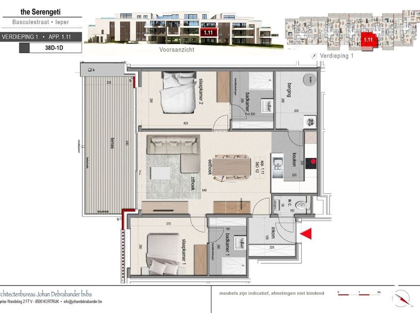 Dit appartement op de eerste verdieping biedt 89,66 m² bewoonbare oppervlakte en een terras van 16,35m². Daarnaast kan er nog een garage of standplaat