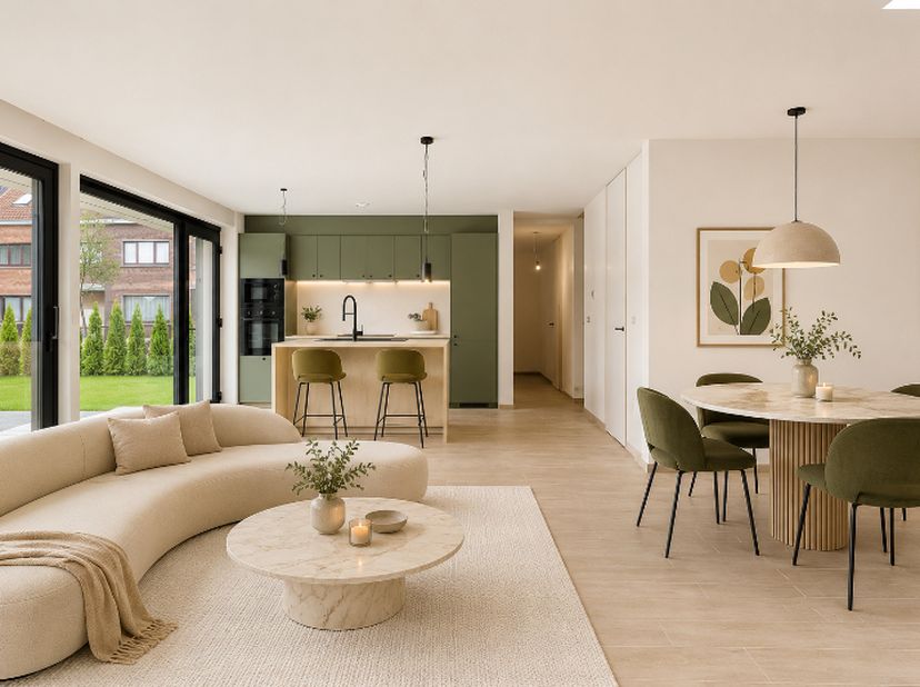 Deze woning onderscheidt zich moeiteloos in het straatbeeld. De combinatie van verfijnde gevelsteen, strakke witte crepi en zwarte platte dakpannen zo