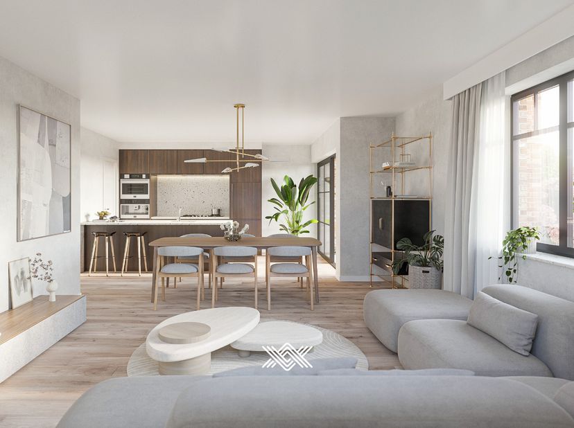 Dit gelijkvloers tweeslaapkamerappartement met een oppervlakte van 102.19 m² is ingedeeld als volgt: een inkomhal met plaats voor een vestiairekast, e