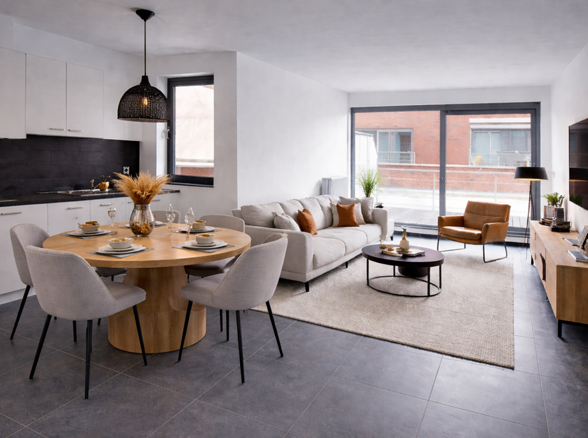 Ruim appartement (1e verdieping) met 2 slaapkamers en terras in het centrum van Halen.<br />
Adres : Fonteinstraat 43, 3545 Halen<br />
Dit appartemen