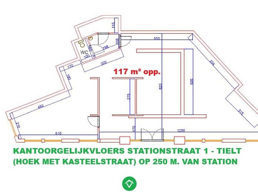 Instapklare kantoorruimte van 117 m² op gelijkvloers, hoek Kasteelstraat/Stationstraat op wandelafstand van station en van centrum. Eigen inkom met on