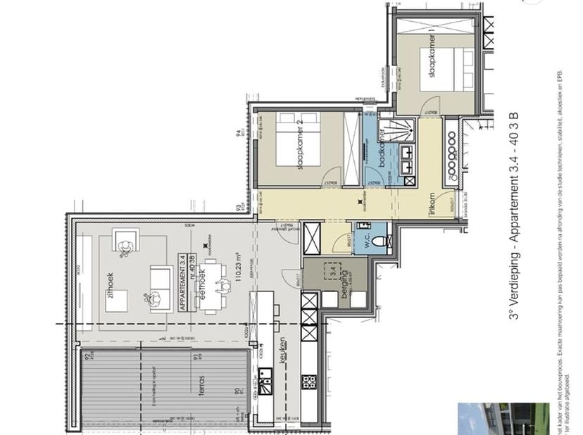 Het appartement is gelegen op de derde verdieping en werd op plan ingedeeld als volgt:<br />
Inkomhal met toegang tot 2 slaapkamers, ingerichte badkam