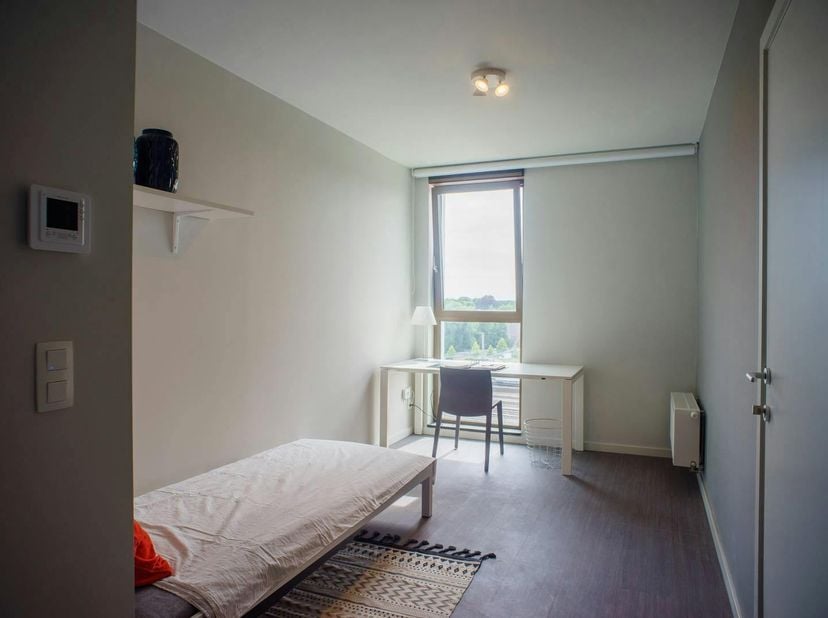 Lichtrijke studentenkamer te koop in studentenhuis "B/KOT" te Brugge. De recente studentenkamer (2016) is uitstekend gelegen op wandelafstand van het