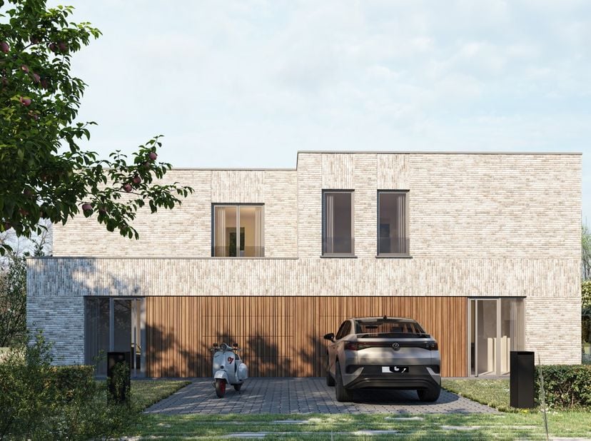 In een nieuwe zijstraat van de Tuttegemstraat in Machelen-aan-de-leie (Zulte) vinden we deze moderne, halfopen nieuwbouwwoning met 3 slaapkamers op ee