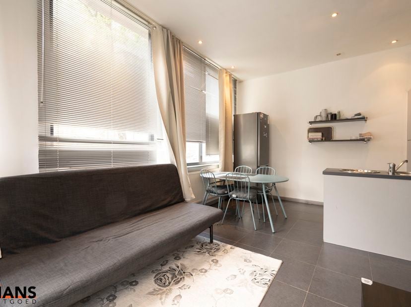 Leefruimte; ingebouwde kast; open kitchenette met aansluitende eethoek; badkamer met douche, wastafel in meubel en toilet; slaapkamer en berging. Er k