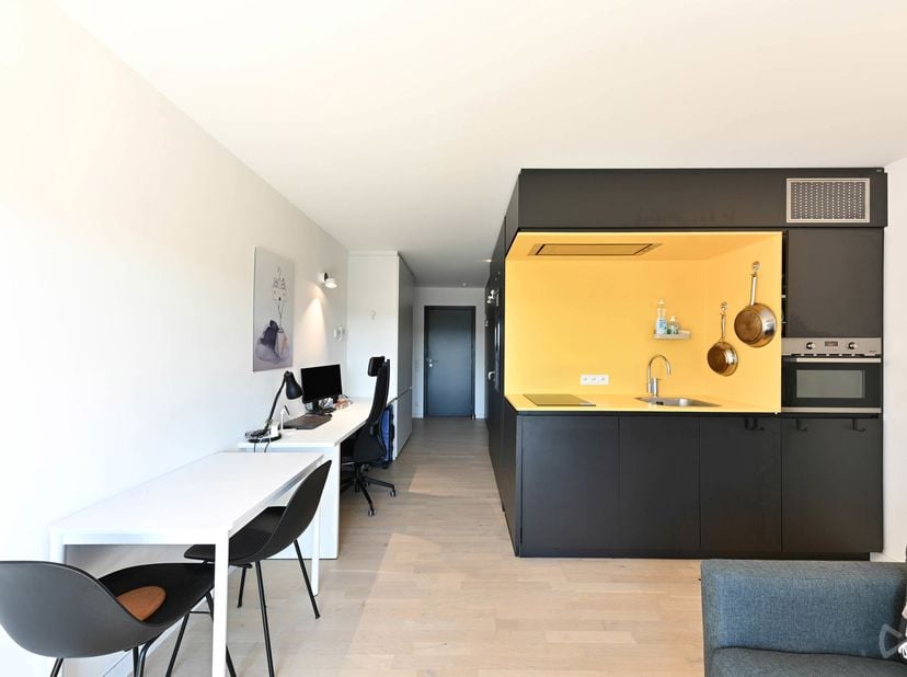 Deze instapklare studio bevindt zich op de vijfde en hoogste verdieping van Residentie Wales, gelegen aan de Prosper Poulletlaan in Leuven. De studio