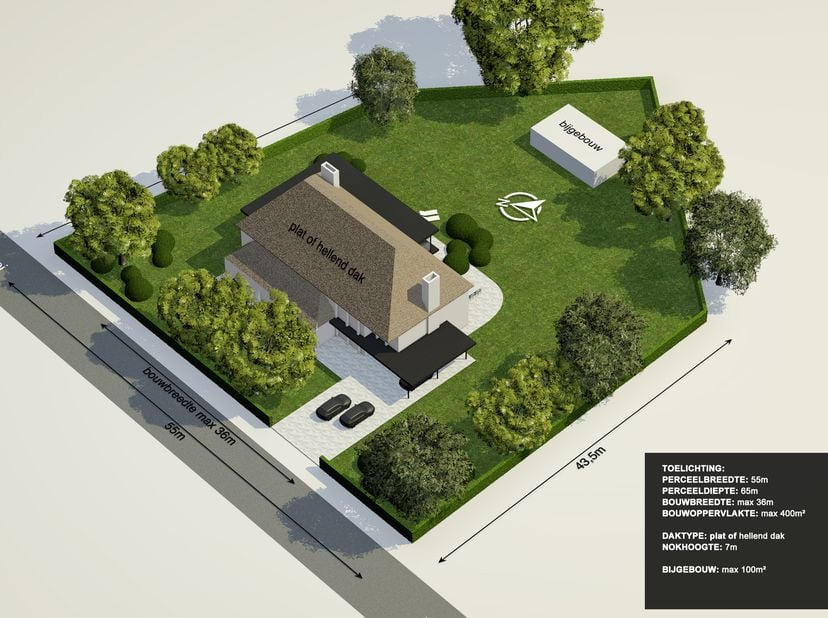 Uniek perceel grond van ca. 3147m² en een perceelbreedte van 56 meter! Zeer rustige en residentiële locatie.<br />
Bouwvoorschriften <br />
Zijdelings