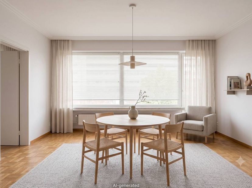 Het appartement is gelegen op de 3de verdieping en is toegankelijk via de lift. Bij het binnenkomen via de inkomhal op parketvloer merkt u direct de i