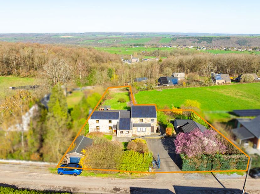 Magnifique propriété de caractère (+/- 389m² d'après PEB), 5 chambres, 3 bureaux avec terrasses, garages, jardin et piscine idéalement située à Xhoris