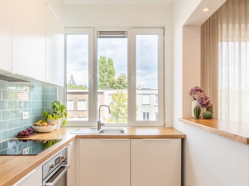 Dit lichtrijke appartement op de tweede verdieping werd recent volledig gerenoveerd in een frisse boho-stijl: witte muren, warme houten vloeren, grote
