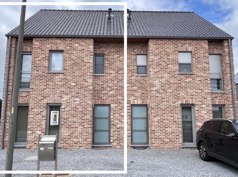 Indeling: inkomhal, toilet, leefruimte, keuken, terras, berging, trap naar de verdieping, nachthal met waskoker, drie slaapkamers, dakterras, badkamer