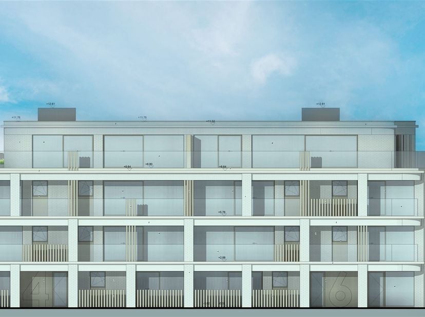 Goedgekeurd project voor het bouwen van 13 appartementen (3 bouwlagen)<br />
<br />
Gelijkvloers:<br />
- éénslaapkamerappartement van 64 m², 15 m²