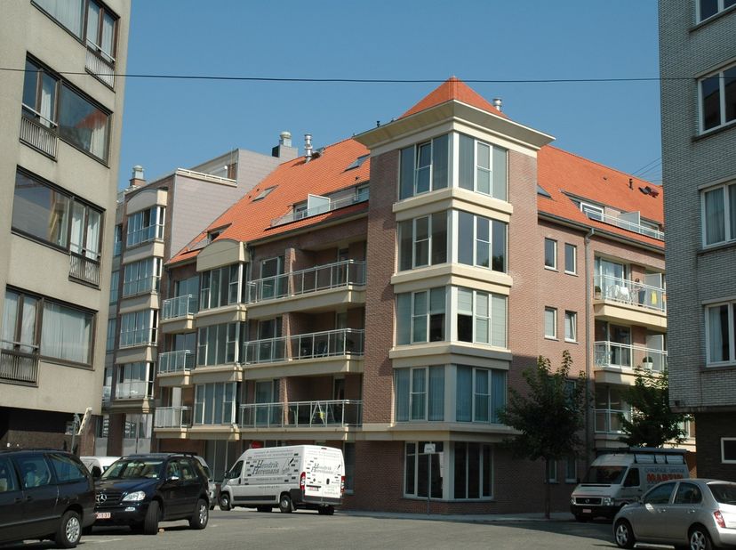 Dit duplex appartement omvat een inkomhal met toilet, living met open keuken, wasplaats/berging en balkon te bereiken via het schuifraam in de living.