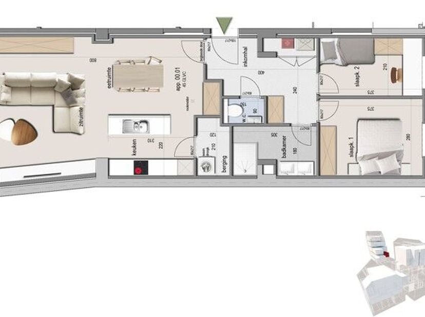 Appartement 00.01 is gelegen op de gelijkvloerse verdieping van Residentie Melrose Place en heeft een totale oppervlakte van 92,76 m². Met daarbij een