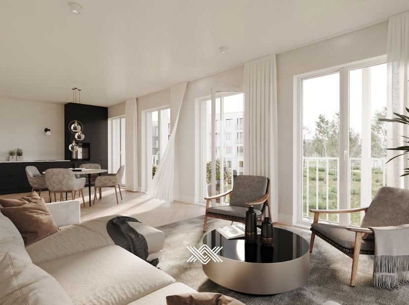 Dit appartement gelegen op de gelijkvloerse verdieping heeft een bewoonbare oppervlakte van 104 m² en een terras van 14 m² met een zuidwestelijke orië