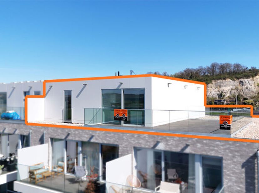 Superbe et lumineux penthouse neuf du projet Meuse View à Hermalle (+/- 93 m² nets selon plans) 2 chambres, spacieuse terrasse orientée Sud (+/- 47 m²