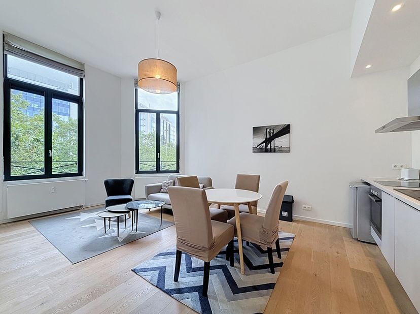 A deux pas du palais de Justice et de la place Louise, dans un magnifique immeuble , très joli studio entièrement rénové de 48m2. Belle pièce de vie l